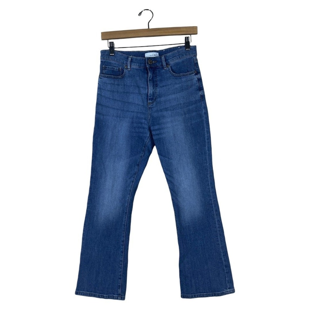 LOFT High Waist Kick Solid Denim Jeans Blue Modern Cropped Flare Size 27 / 4